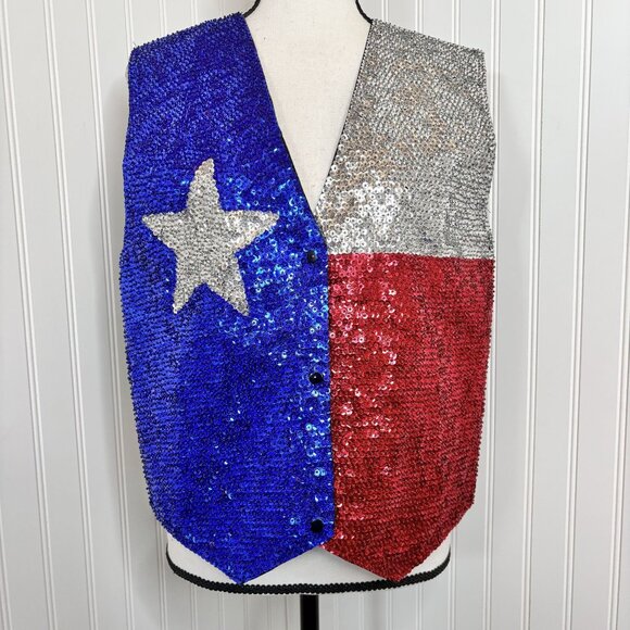 Sequined Texas Flag Vest - Bling Bold Red White Blue & Silver - Picture 1 of 9
